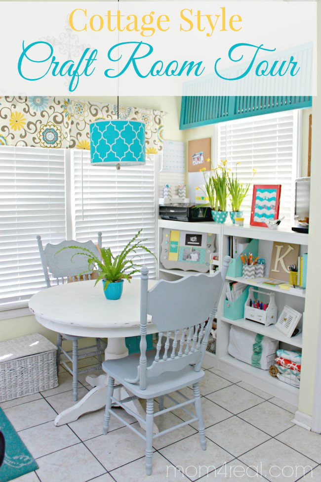 eating nook with craft supplies and printer organized on low bookcases