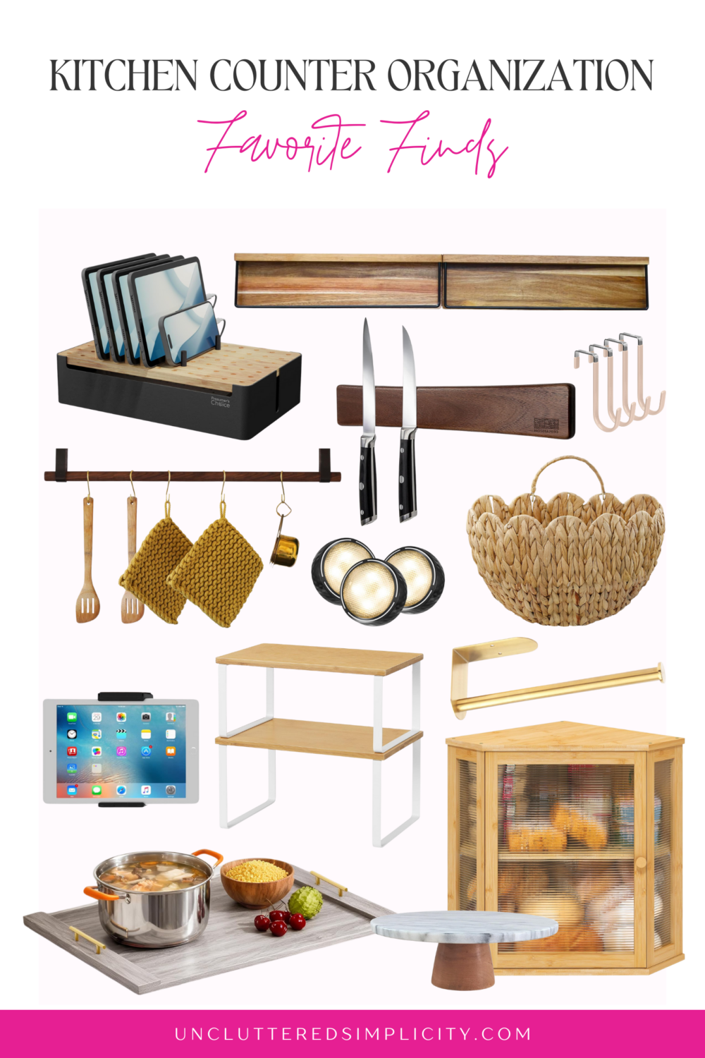 collage of Amazon finds for aesthetic kitchen counter ideas for storage and organization