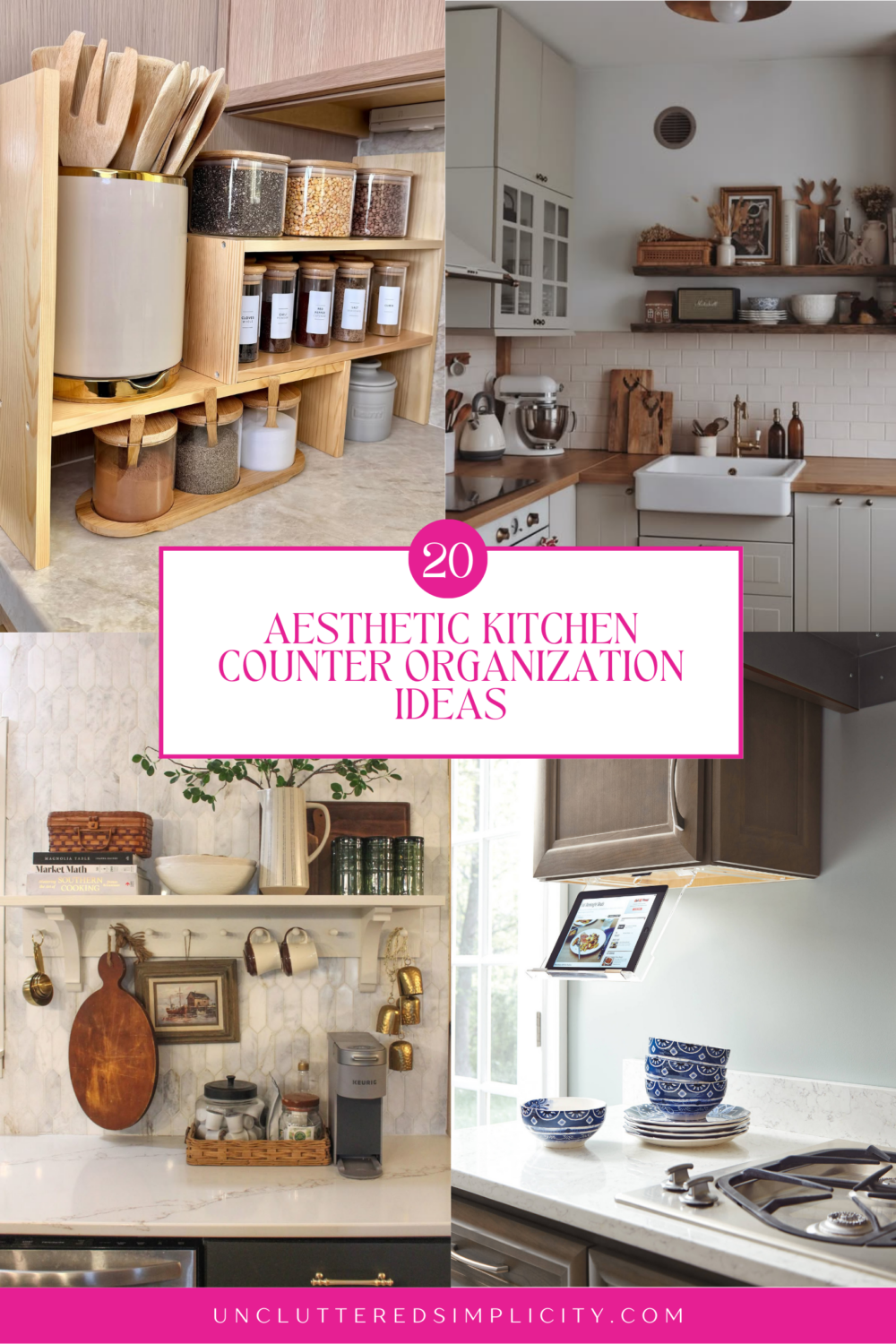 Pinterest collage featuring different aesthetic kitchen counter organization ideas