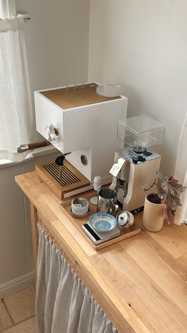 aesthetic kitchen counter organization idea featuring small kitchen coffee corner