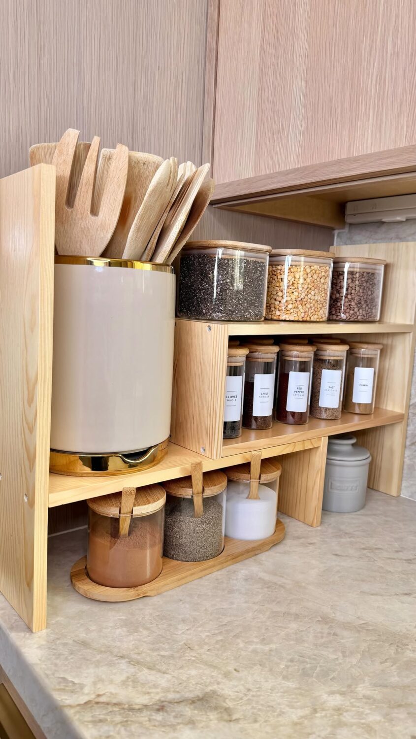 aesthetic kitchen counter organization idea featuring contemporary kitchen storage